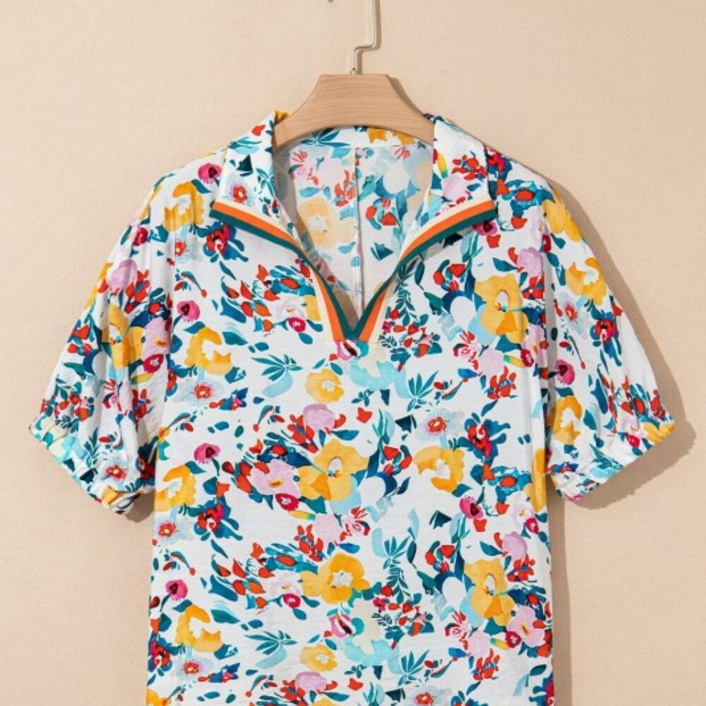 Floral Slit V-Neck Short Sleeve Blouse Peacock Blue